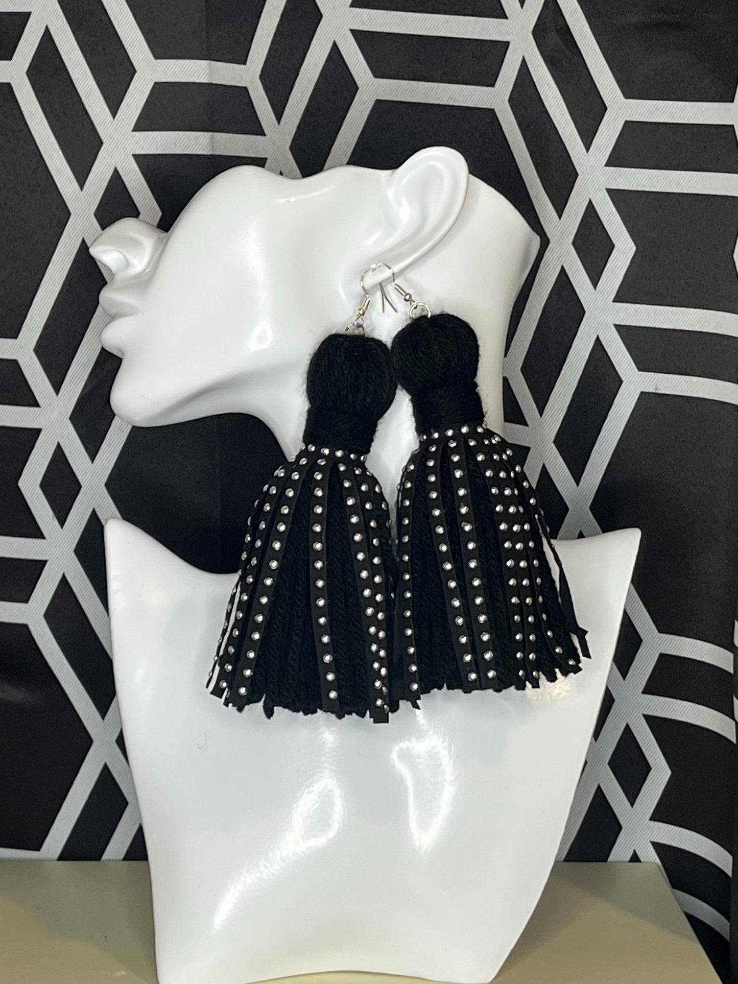 Black Studded Tassel Earrings