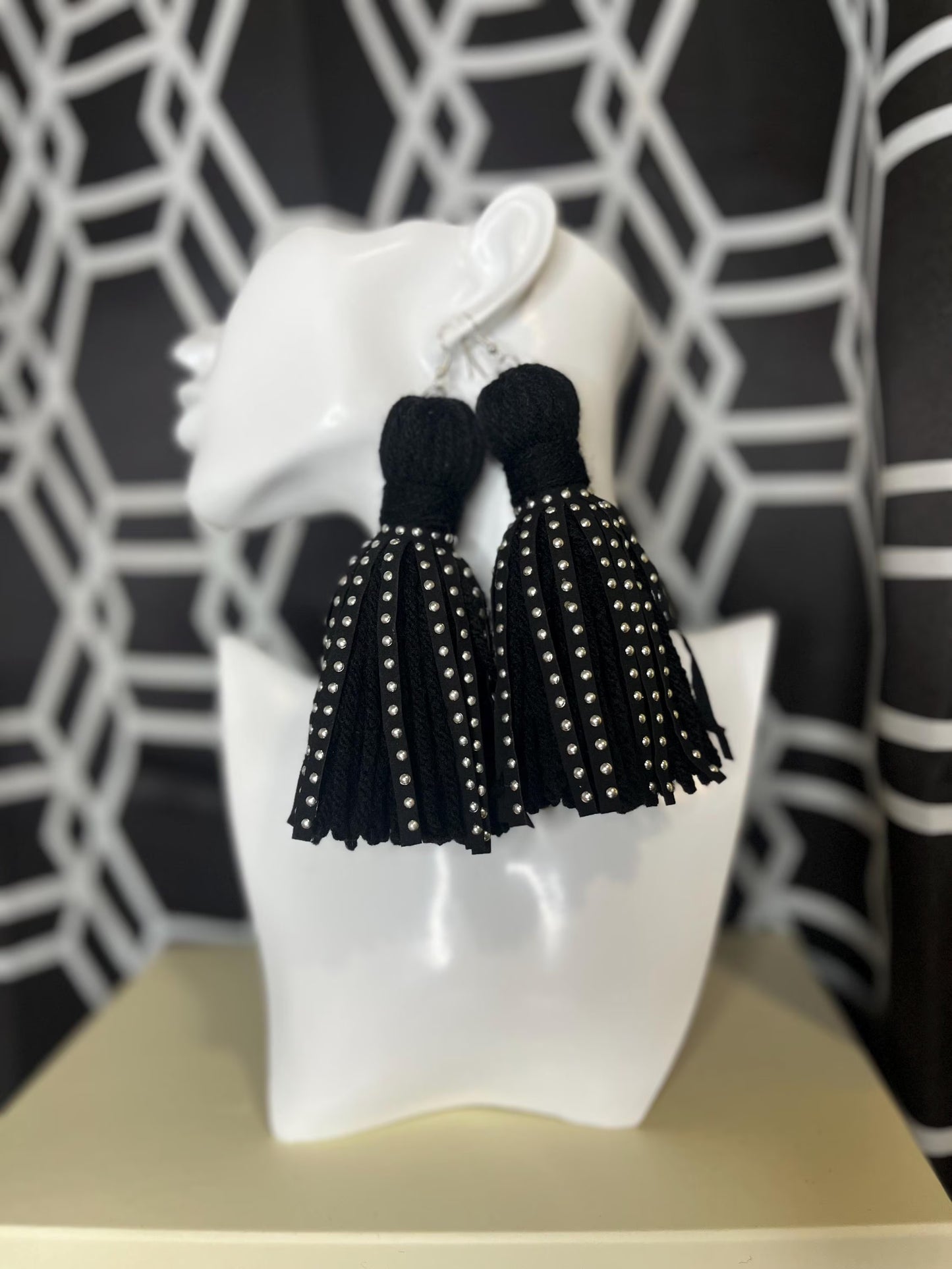 Black Studded Tassel Earrings